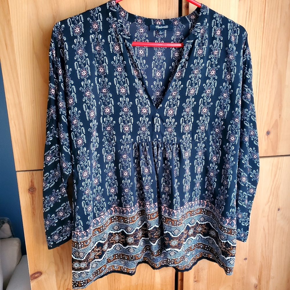 Madewell Black Border Print Silk Peplum Blouse size Small
